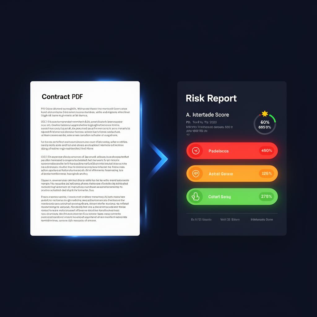 Side-by-side preview of a contract PDF and an AI-generated risk report with severity badges