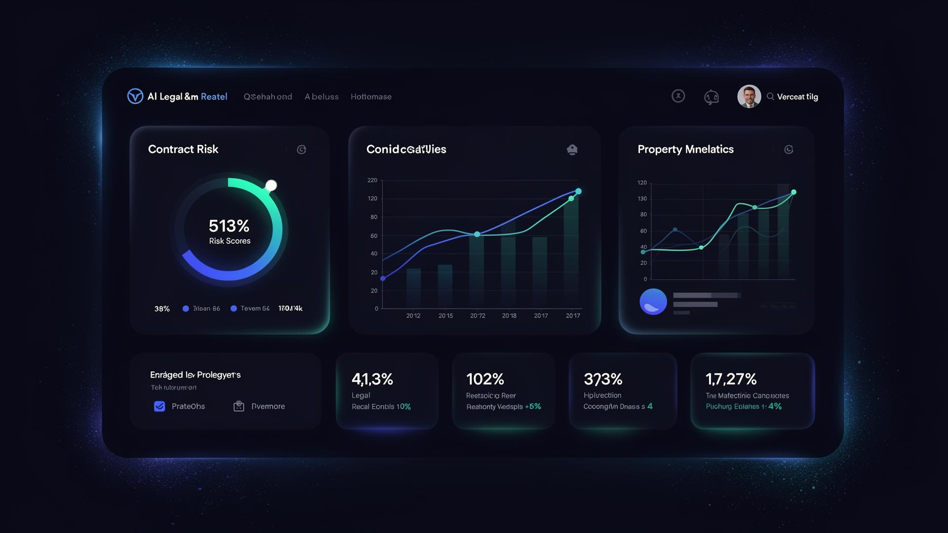 ProAgent AI dashboard preview showing contract risk, property analytics, and KPI tiles
